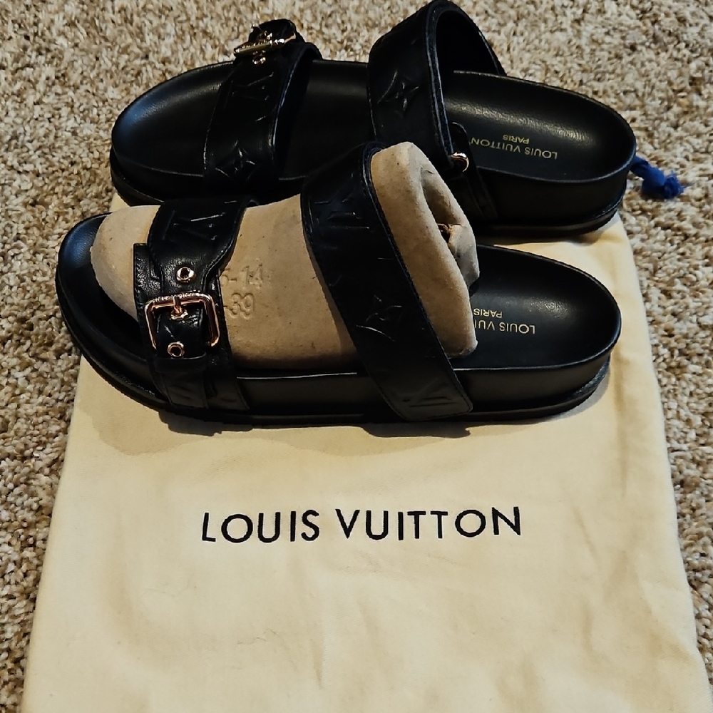 Louis Vuitton Black Slide Sandals with Gold Buckle